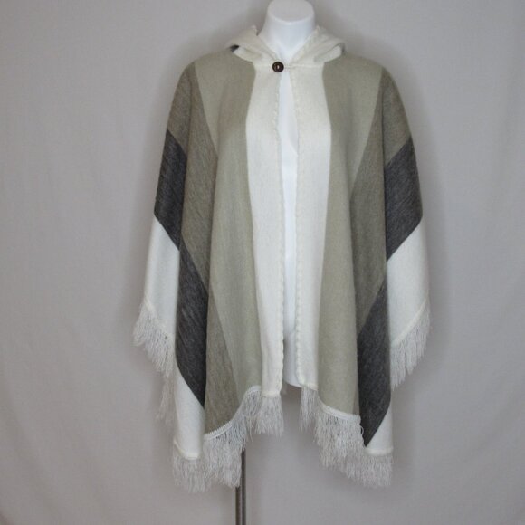 Andes Native Roots Hooded Poncho Alpaca Wool Hand Made Beige Stripe Women's OS - Picture 5 of 8